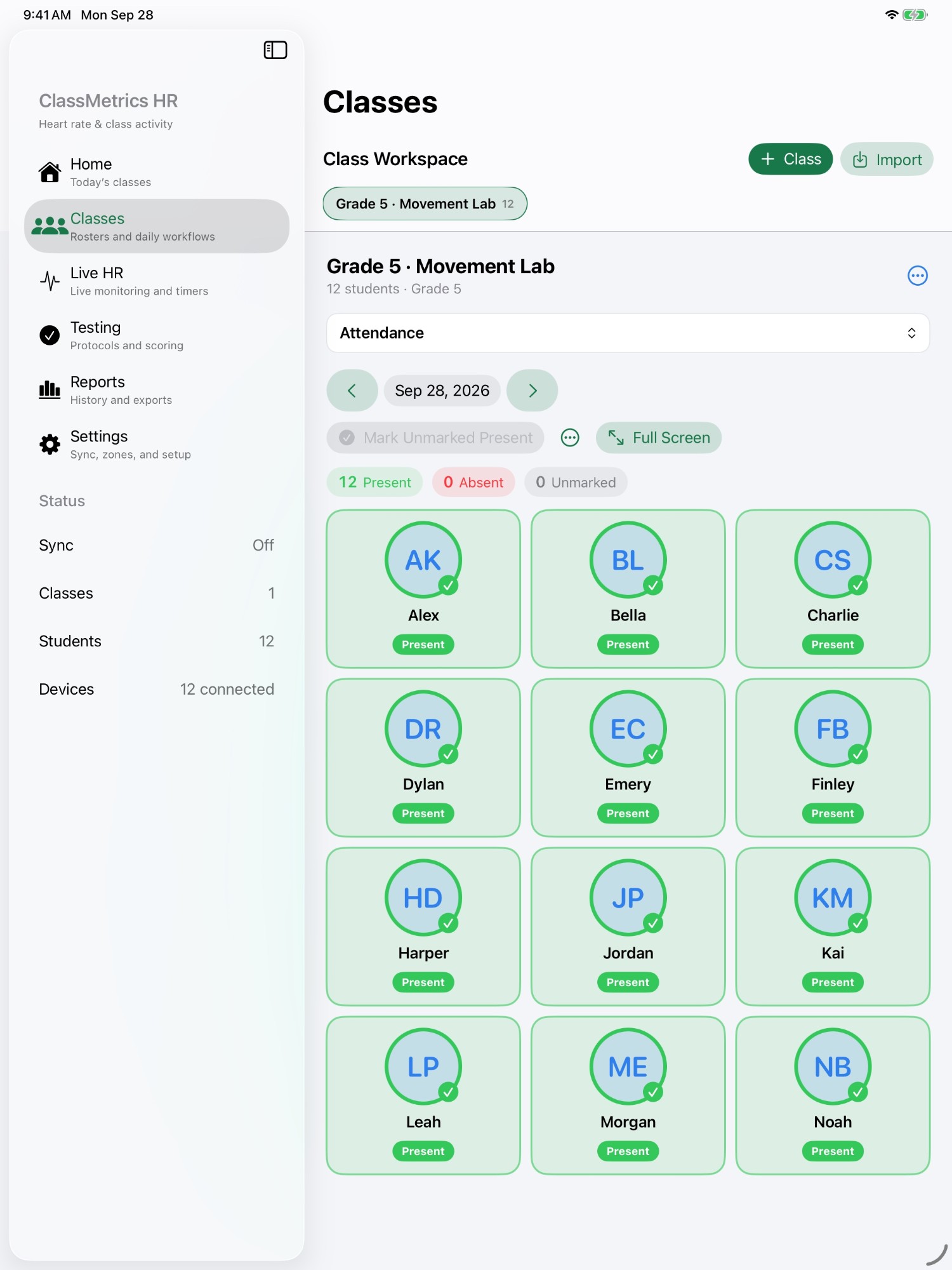 Class attendance screen with twelve students marked present